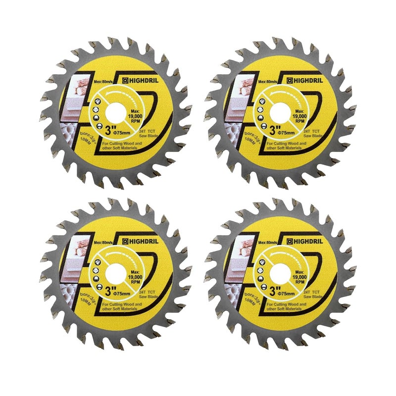 HIGHDRIL TCT Wood Blade 3" 75mm x Arbor 3/8" 10mm - 4pcs Angle Grinder Cutting Disc for Cutting Wood Plywood Chipboard Multilayer Panels - Image 1